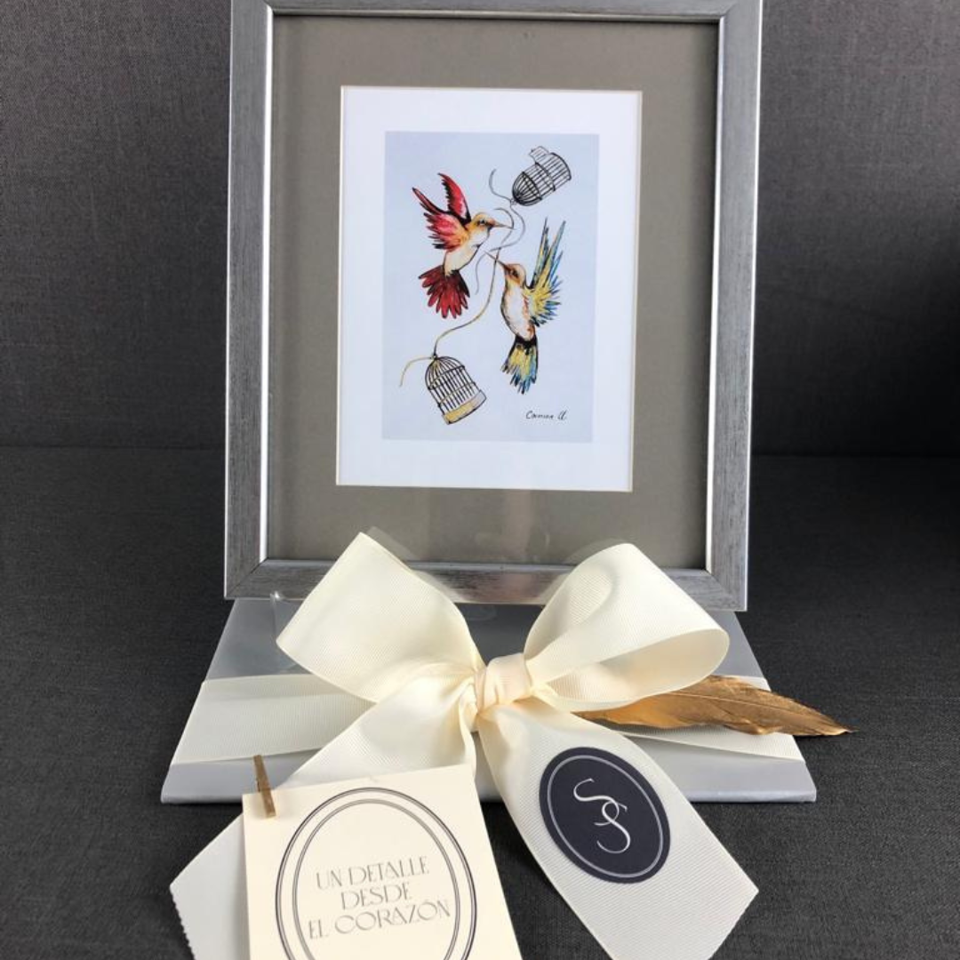 PINTURA ENMARCADA DE COLIBRÍ CON JAULAS Y MENSAJES